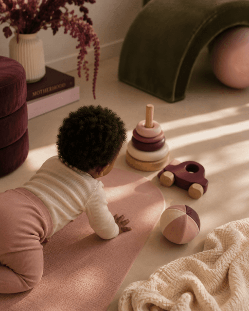 Baby crawling toward wooden stacking toys on a pink mat