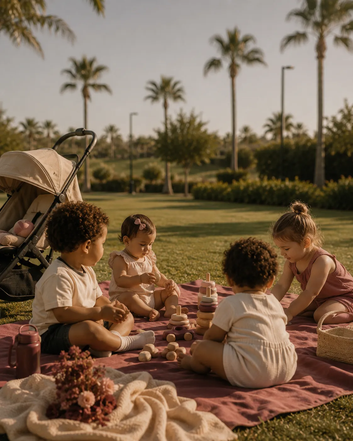 Children playing on a blanket at the park — motherhouse community playdate